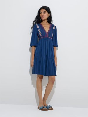 Bombay Paisley Indigo Embroidered Tiered Dress