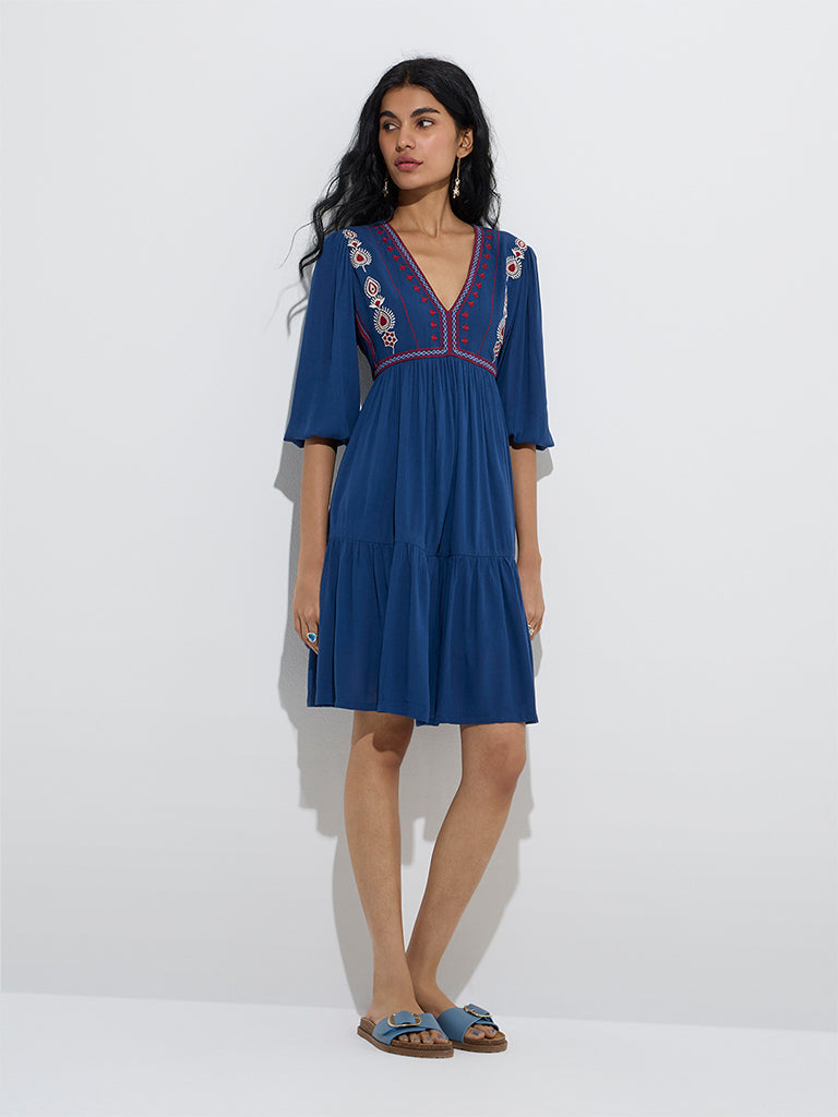 Bombay Paisley Indigo Embroidered Tiered Dress