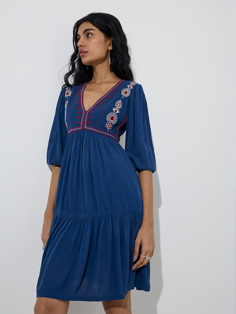 Bombay Paisley Indigo Embroidered Tiered Dress - Image 2