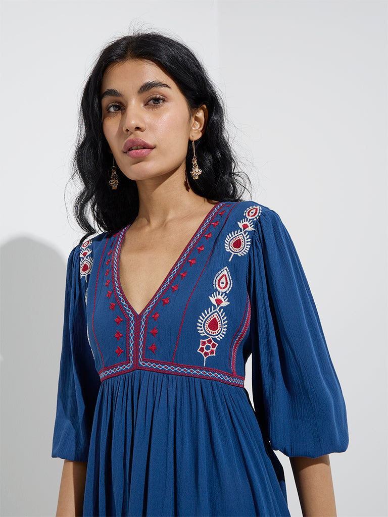 Bombay Paisley Indigo Embroidered Tiered Dress - Image 3