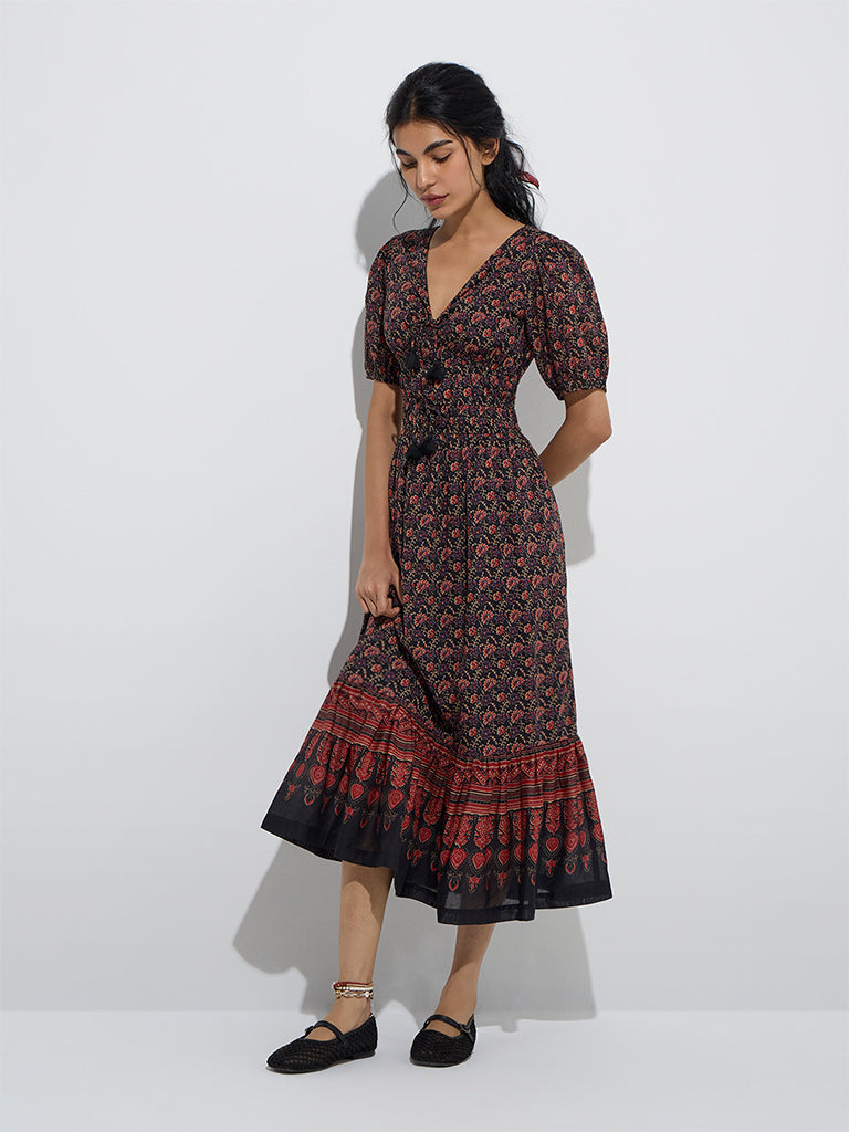 Bombay Paisley Black Floral Cotton Tiered Dress