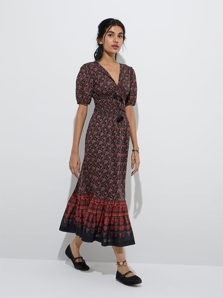 Bombay Paisley Black Floral Cotton Tiered Dress - Image 2