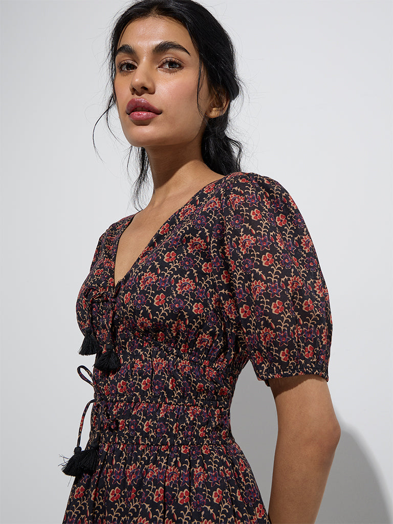 Bombay Paisley Black Floral Cotton Tiered Dress - Image 3