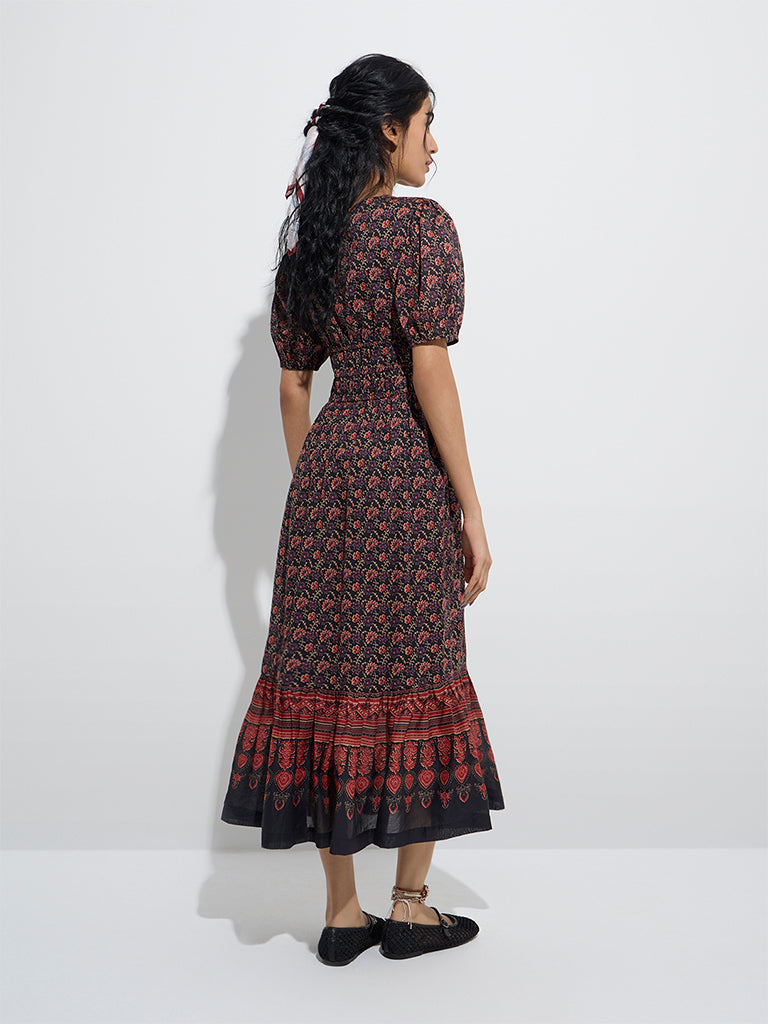 Bombay Paisley Black Floral Cotton Tiered Dress - Image 4