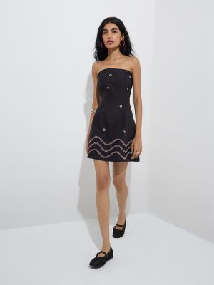 Bombay Paisley Black Embroidered Cotton-Blend Tube Dress