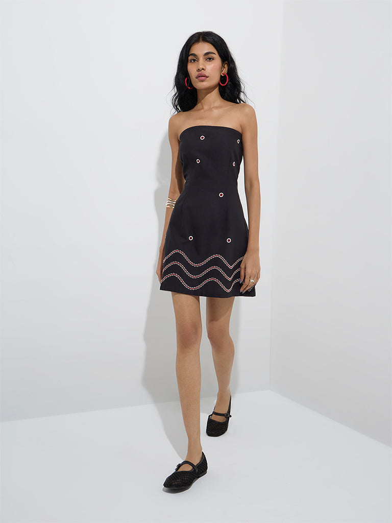 Bombay Paisley Black Embroidered Cotton-Blend Tube Dress