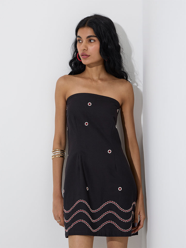 Bombay Paisley Black Embroidered Cotton-Blend Tube Dress - Image 2
