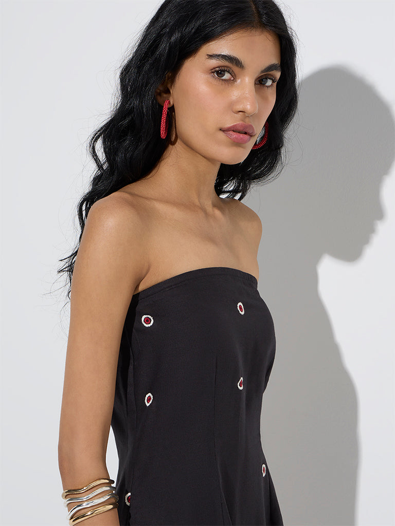 Bombay Paisley Black Embroidered Cotton-Blend Tube Dress - Image 3