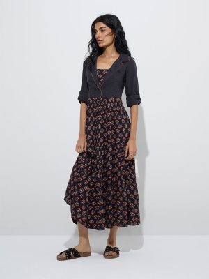 Bombay Paisley Black Floral Tiered Dress with Jacket