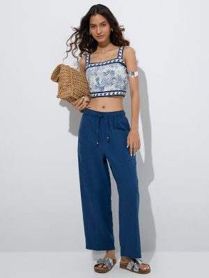 Bombay Paisley Indigo Solid Cotton-Blend Pants