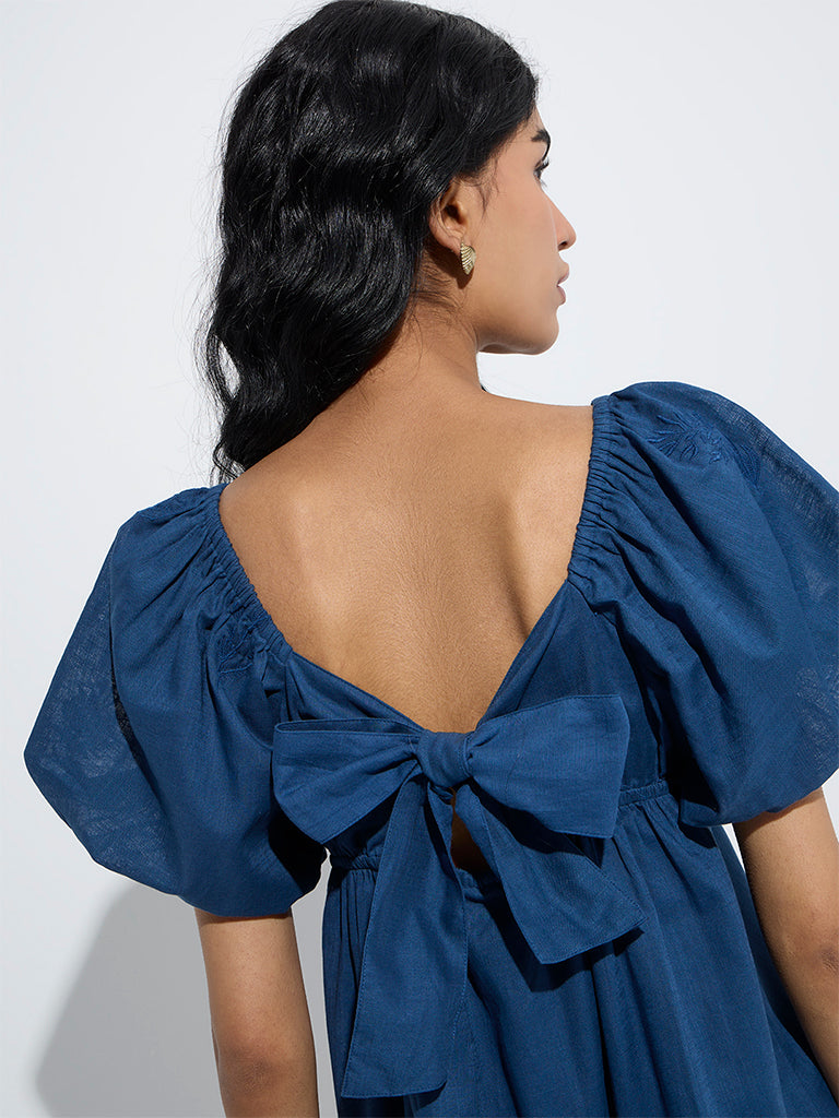 Bombay Paisley Indigo Embroidered A-Line Cotton Dress - Image 3