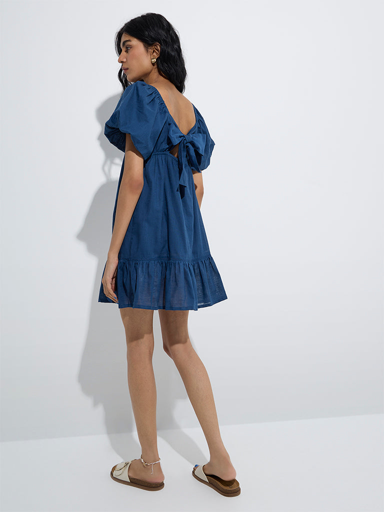 Bombay Paisley Indigo Embroidered A-Line Cotton Dress - Image 4