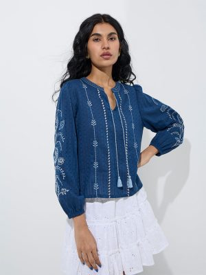 Bombay Paisley Indigo Embroidered Cotton Top