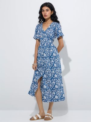 Bombay Paisley Indigo Floral Pattern A-Line Cotton Dress