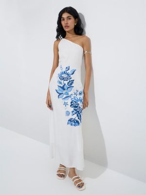 Bombay Paisley Off-White Floral Printed One-Shoulder Dress