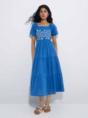 Bombay Paisley Blue Floral Embroidered Tiered Cotton Dress