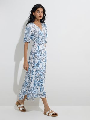 Bombay Paisley Blue Foliage Design Wrap-Style Dress