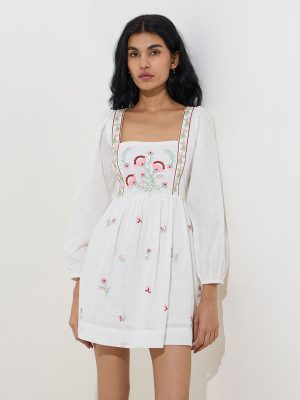 Bombay Paisley White Floral Design Cotton A-Line Dress