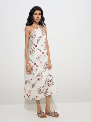 Bombay Paisley Off-White Floral Cotton A-Line Dress