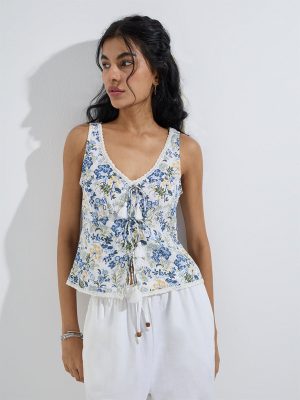 Bombay Paisley Blue Floral Design Cotton-Blend Top