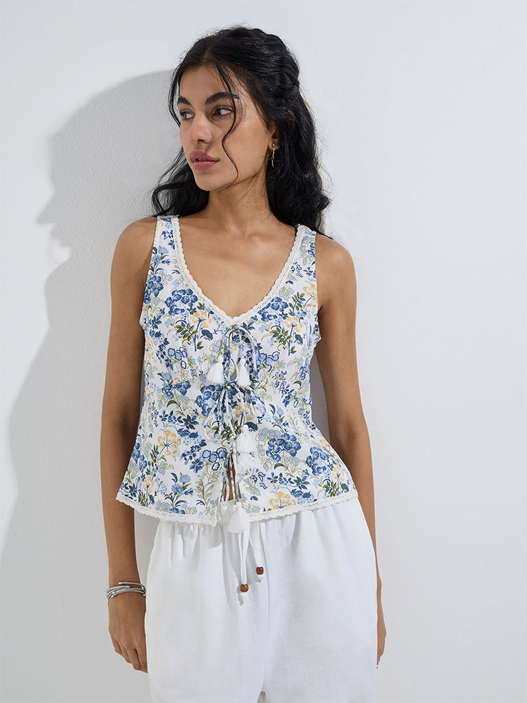 Bombay Paisley Blue Floral Design Cotton-Blend Top