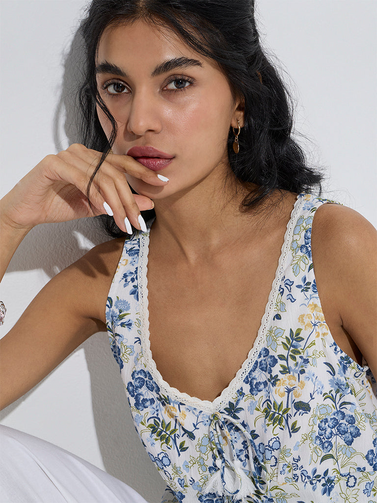 Bombay Paisley Blue Floral Design Cotton-Blend Top - Image 3