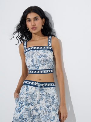 Bombay Paisley Blue Botanical Printed Cotton-Blend Top