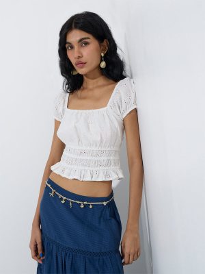 Bombay Paisley White Floral Embroidered Smocked Cotton Top