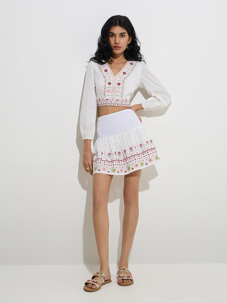 Bombay Paisley White Embroidered Cotton Crop Top - Image 2