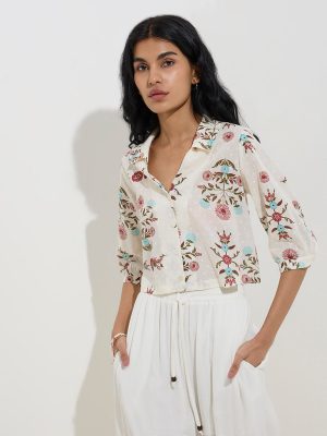 Bombay Paisley Off-White Floral Detailed Cotton Shirt