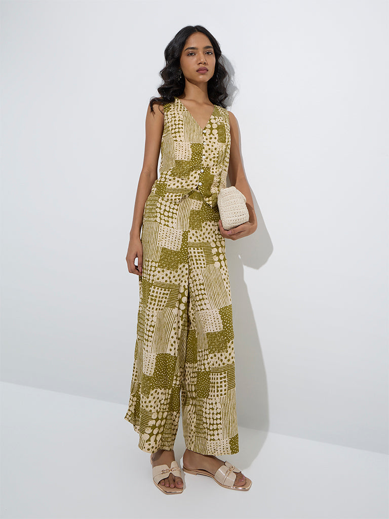 Utsa Olive Patchwork Design Ethnic Vest Top - Image 2