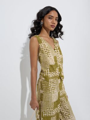 Utsa Olive Patchwork Design Ethnic Vest Top