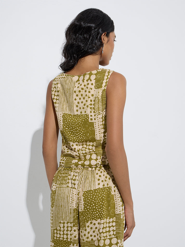 Utsa Olive Patchwork Design Ethnic Vest Top - Image 4