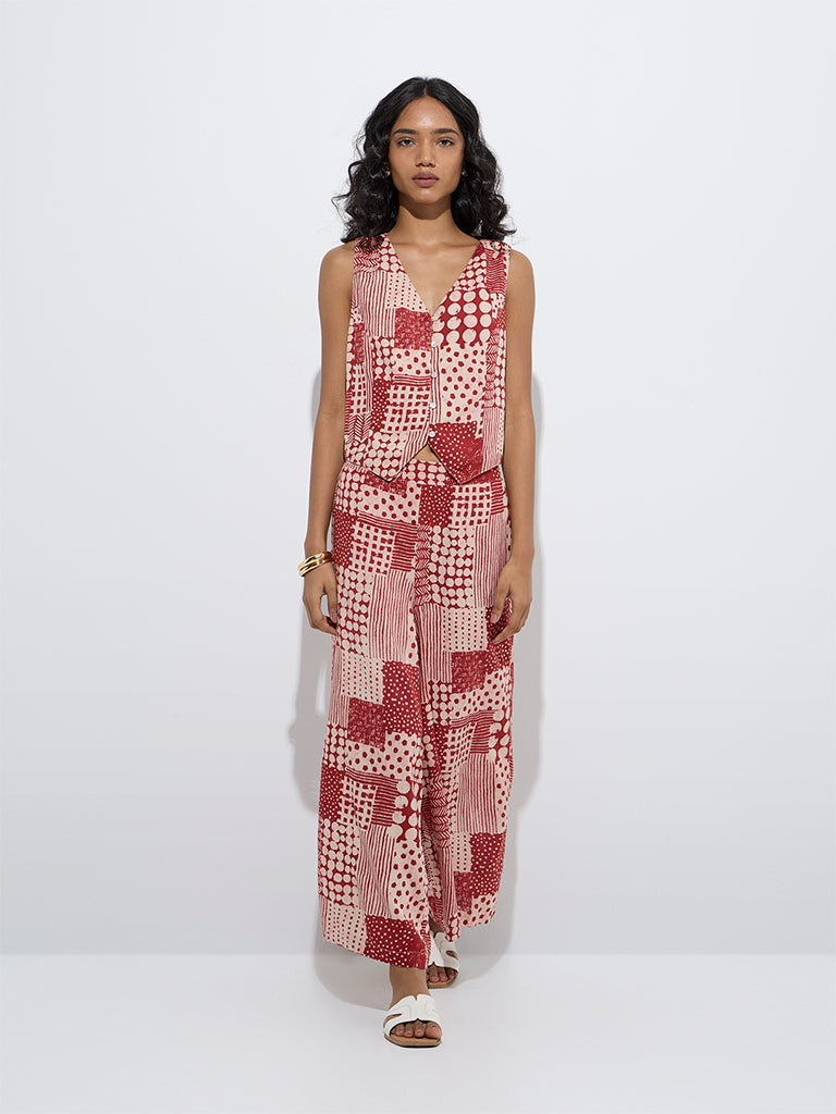 Utsa Red Patchwork Design Ethnic Vest Top - Image 2