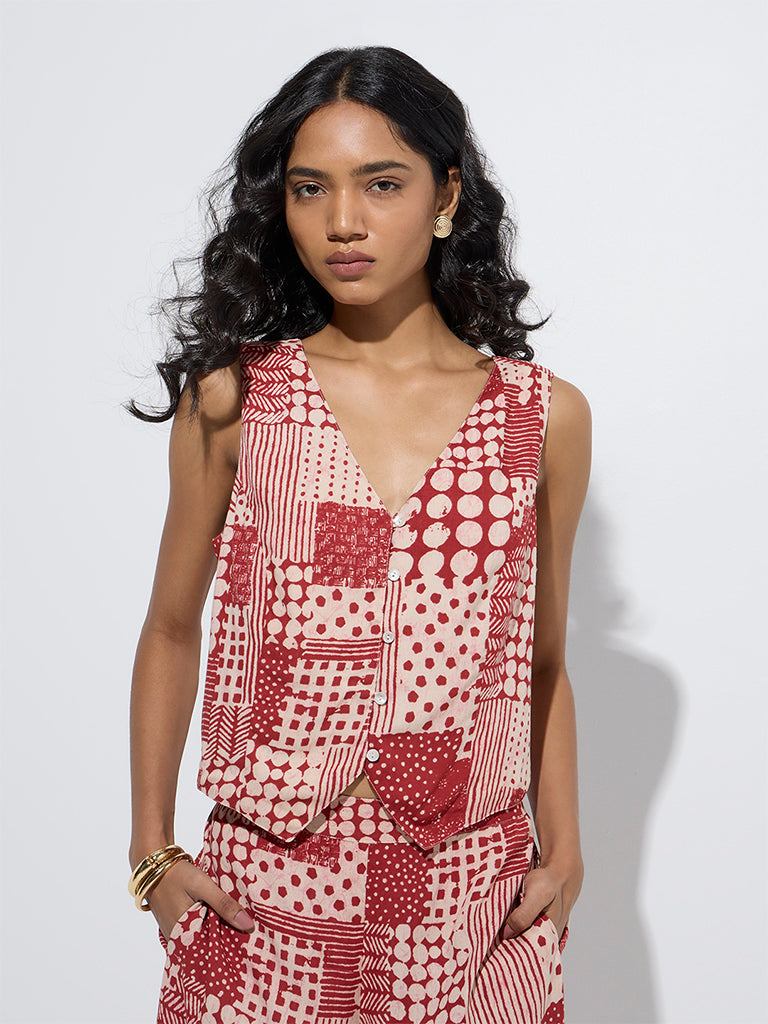 Utsa Red Patchwork Design Ethnic Vest Top