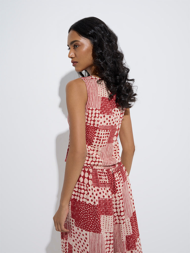 Utsa Red Patchwork Design Ethnic Vest Top - Image 4