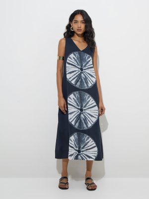Utsa Black Tie-Dye Pattern Cotton A-Line Dress