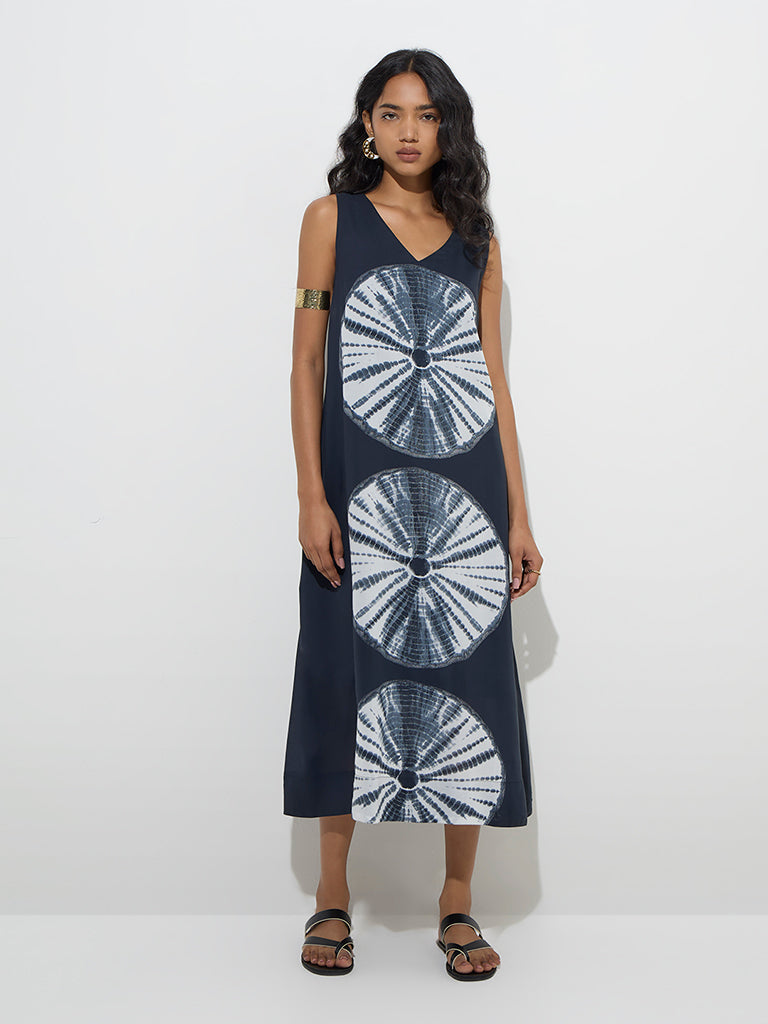 Utsa Black Tie-Dye Pattern Cotton A-Line Dress