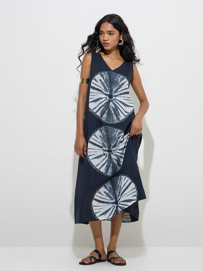 Utsa Black Tie-Dye Pattern Cotton A-Line Dress - Image 2