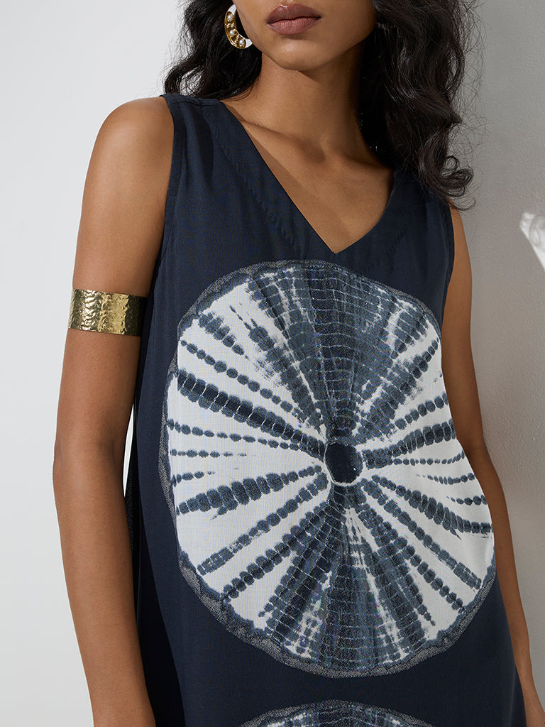 Utsa Black Tie-Dye Pattern Cotton A-Line Dress - Image 3