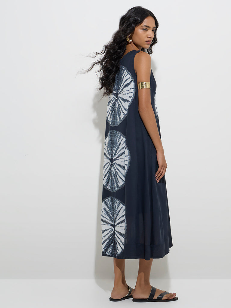 Utsa Black Tie-Dye Pattern Cotton A-Line Dress - Image 4