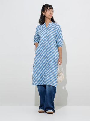 Utsa Blue Stripe Patterned Cotton Straight Kurta