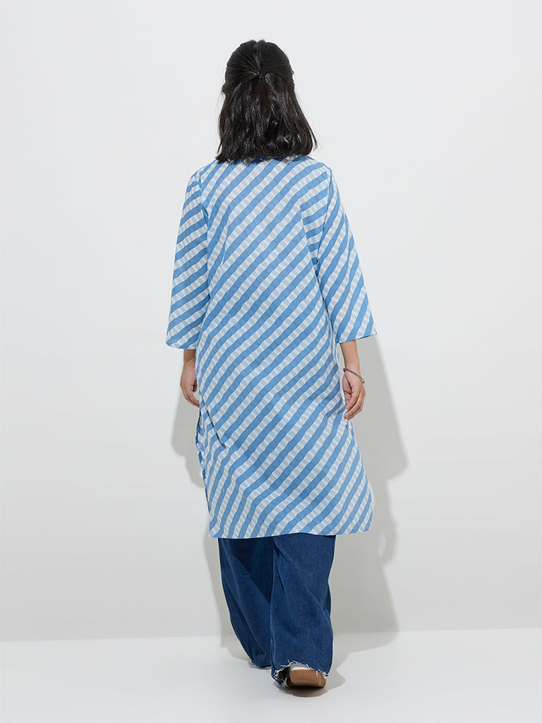 Utsa Blue Stripe Patterned Cotton Straight Kurta - Image 4