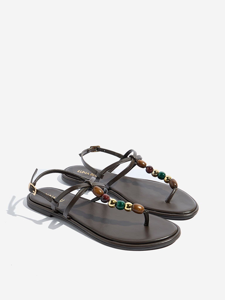 LUNA BLU Brown Beaded T-Strap Sandals - Image 2
