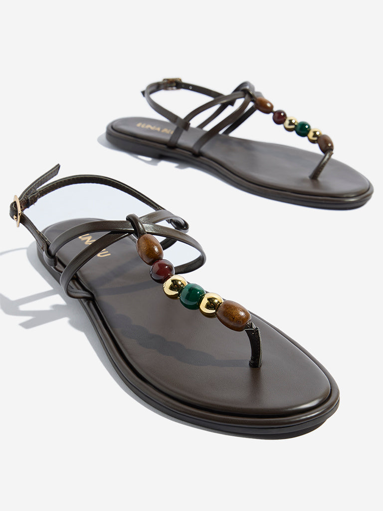 LUNA BLU Brown Beaded T-Strap Sandals - Image 3