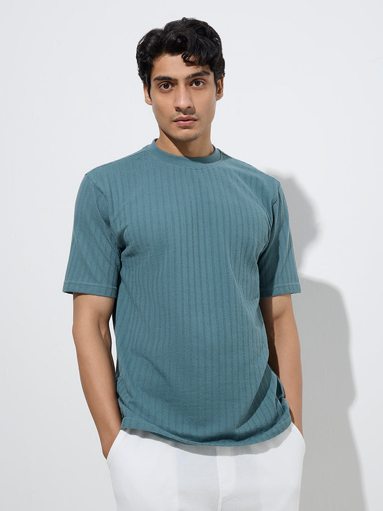 WES Lounge Teal Textured Relaxed-Fit Cotton-Blend T-Shirt - Image 2
