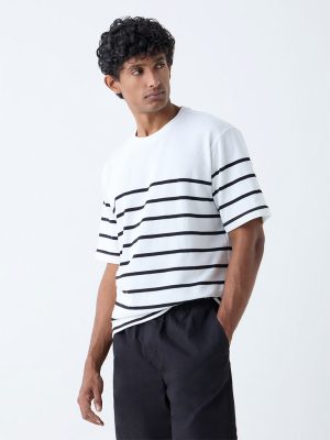 WES Lounge White Striped Relaxed-Fit Cotton-Blend T-Shirt