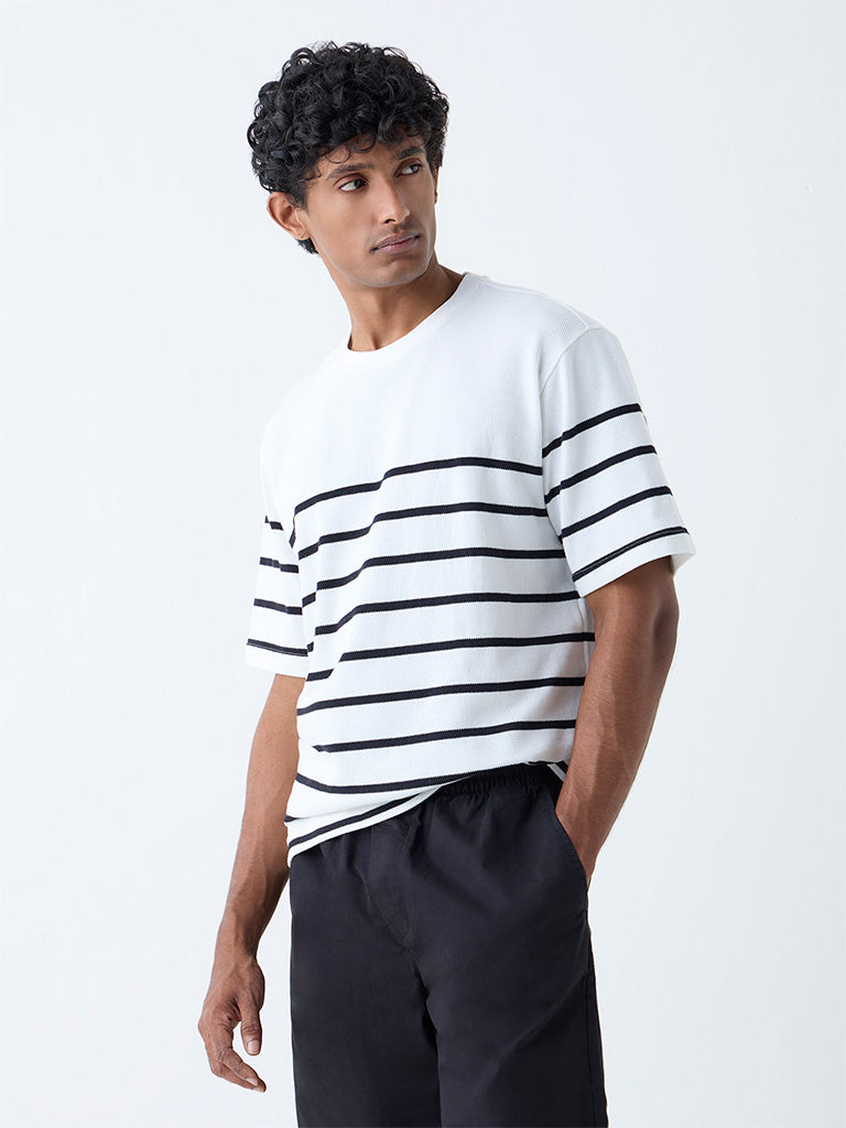 WES Lounge White Striped Relaxed-Fit Cotton-Blend T-Shirt