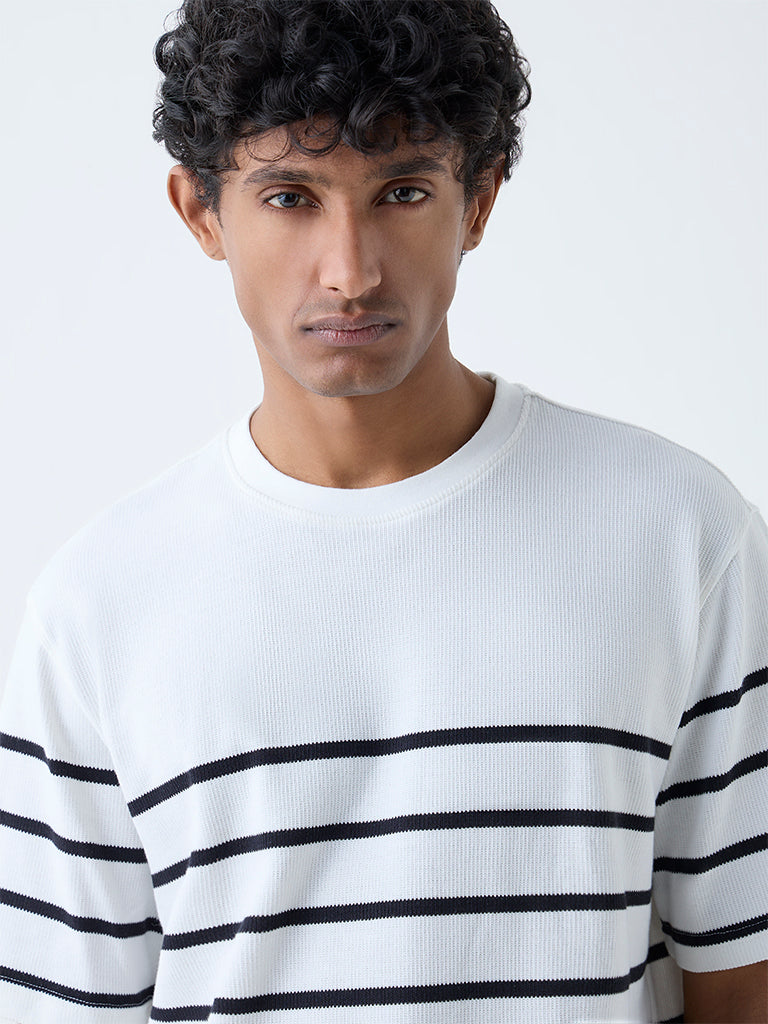 WES Lounge White Striped Relaxed-Fit Cotton-Blend T-Shirt - Image 3