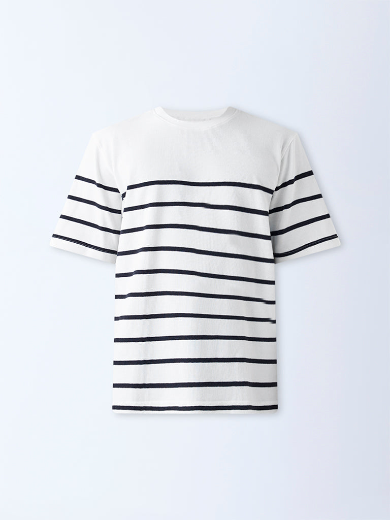 WES Lounge White Striped Relaxed-Fit Cotton-Blend T-Shirt - Image 5